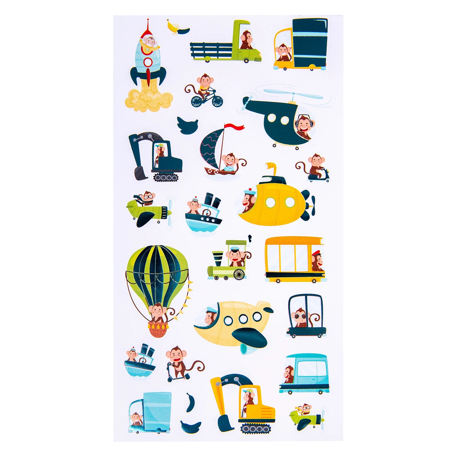 Full front view of the sticker sheet displaying all 26 travel themed monkey stickers. The collection includes rockets, helicopters, submarines, hot air balloons, boats, trucks and other fun transport designs arranged on a white backing sheet.