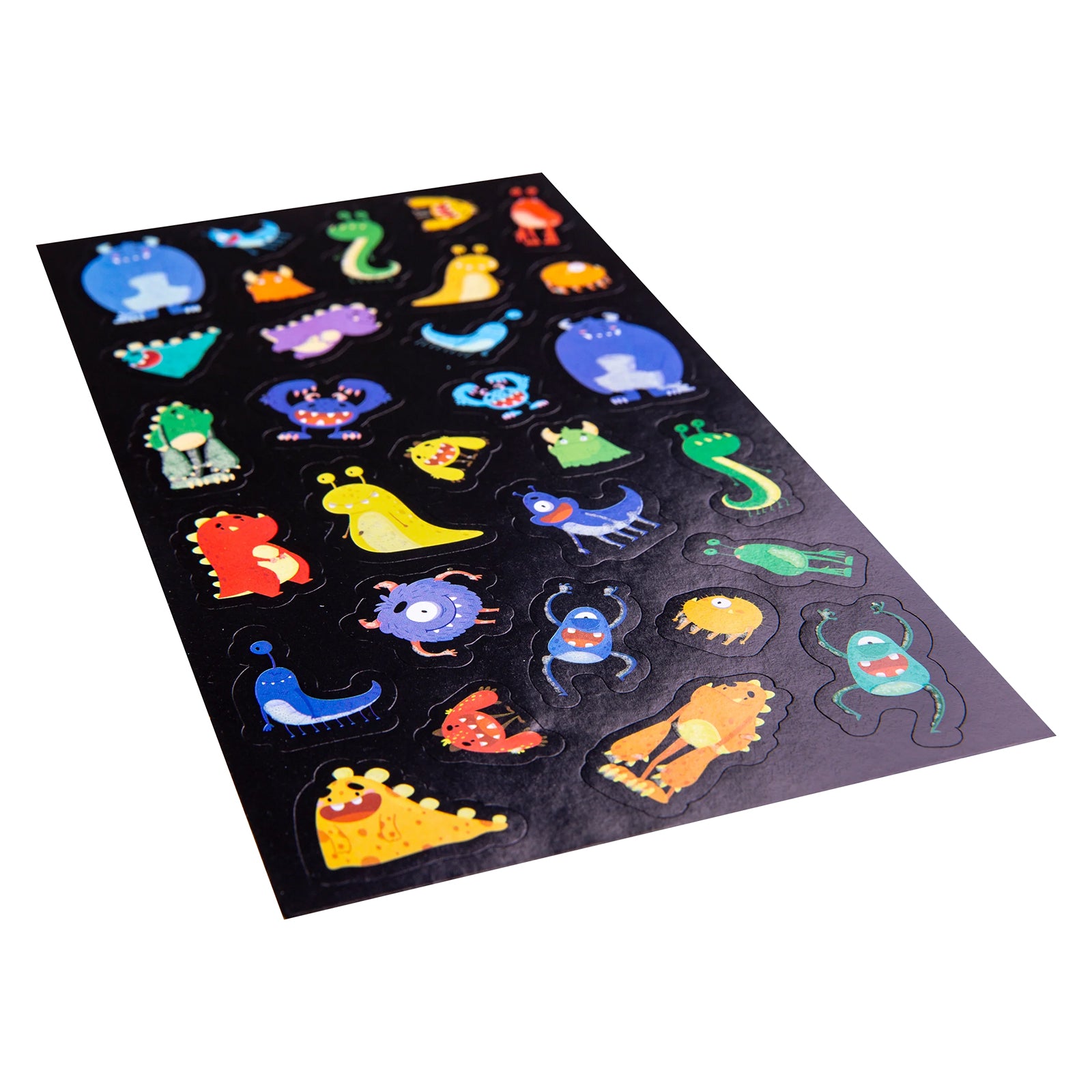 Angled product view highlighting the individual monster stickers on a black background. The raised sticker design showcases colourful creatures with unique personalities and glow effects.