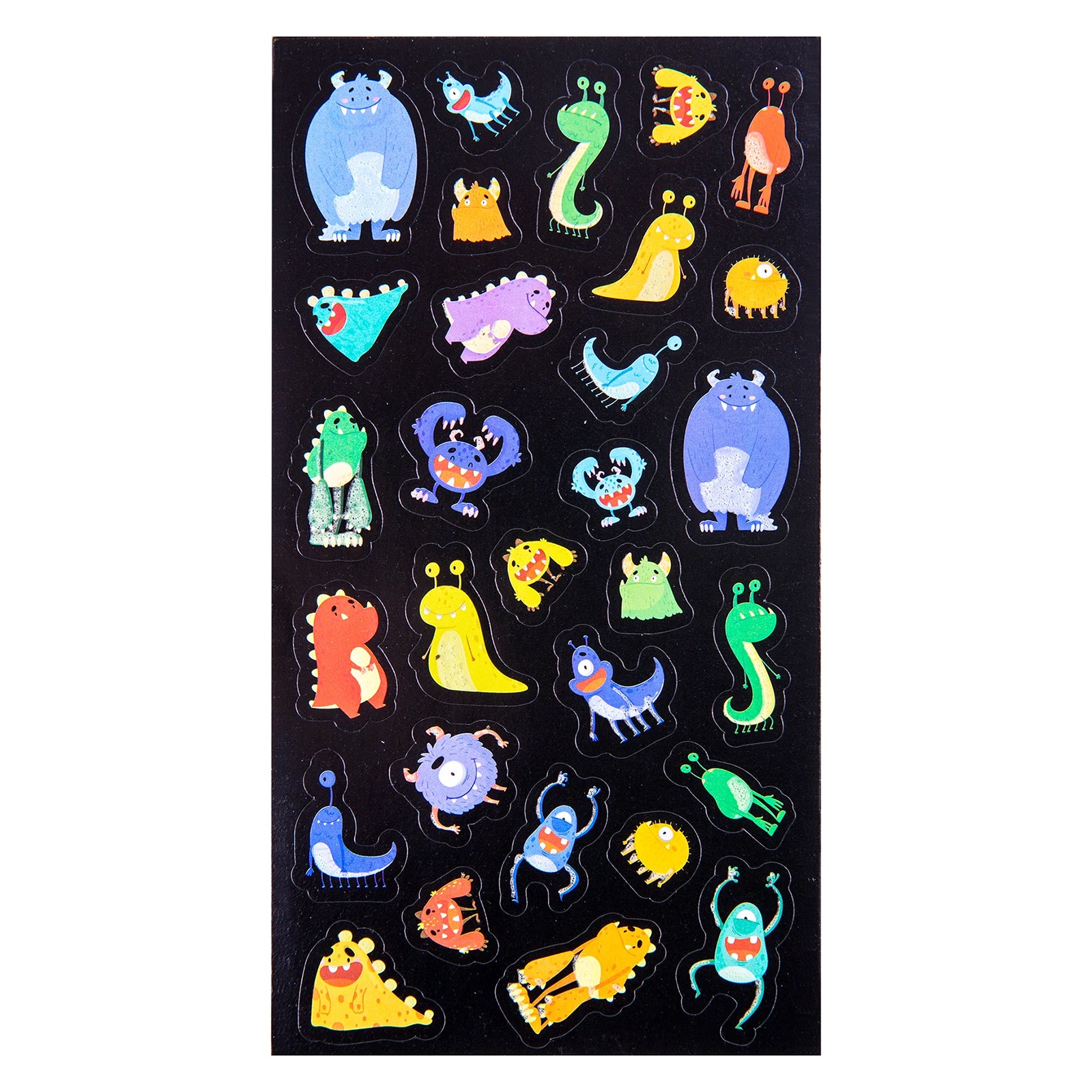 Full sticker sheet displaying all 30 monster themed glow in the dark stickers. Designs include large monsters, tiny creatures, slugs and quirky characters in vibrant colours.