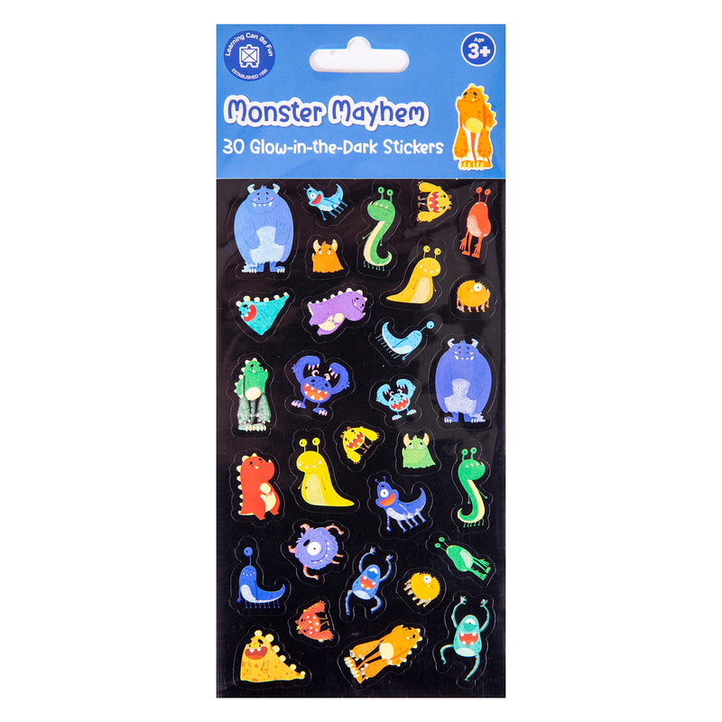 Retail packaging of the Learning Can Be Fun Monster Mayhem Glow Sticker Set showing product branding, age suitability and a preview of the colourful glow in the dark monster collection.