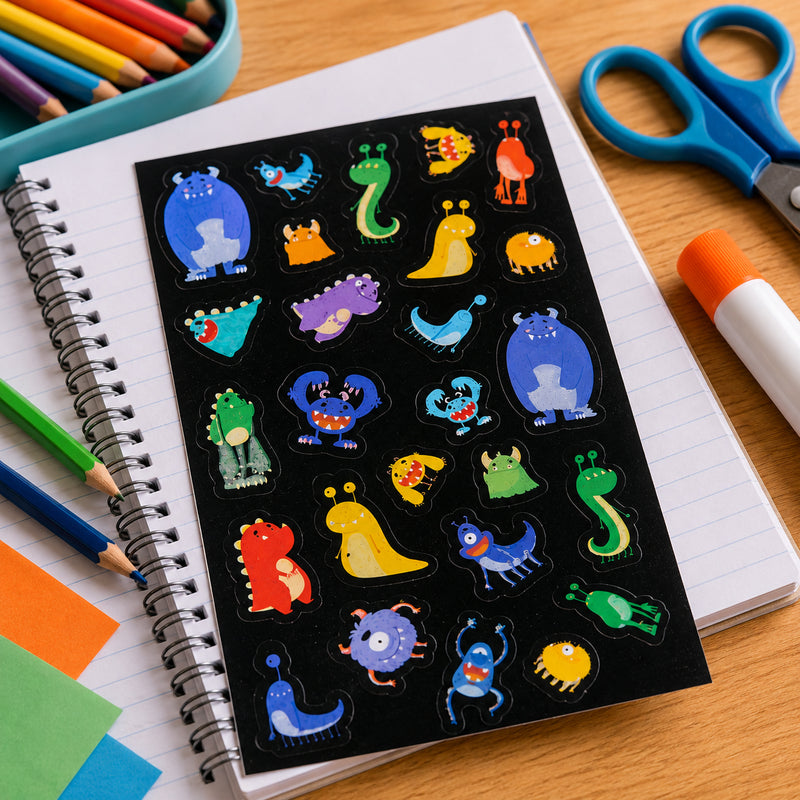 Close up of the Monster Mayhem sticker sheet resting on a notebook surrounded by classroom supplies. Bright monster characters encourage imaginative storytelling and creative projects.