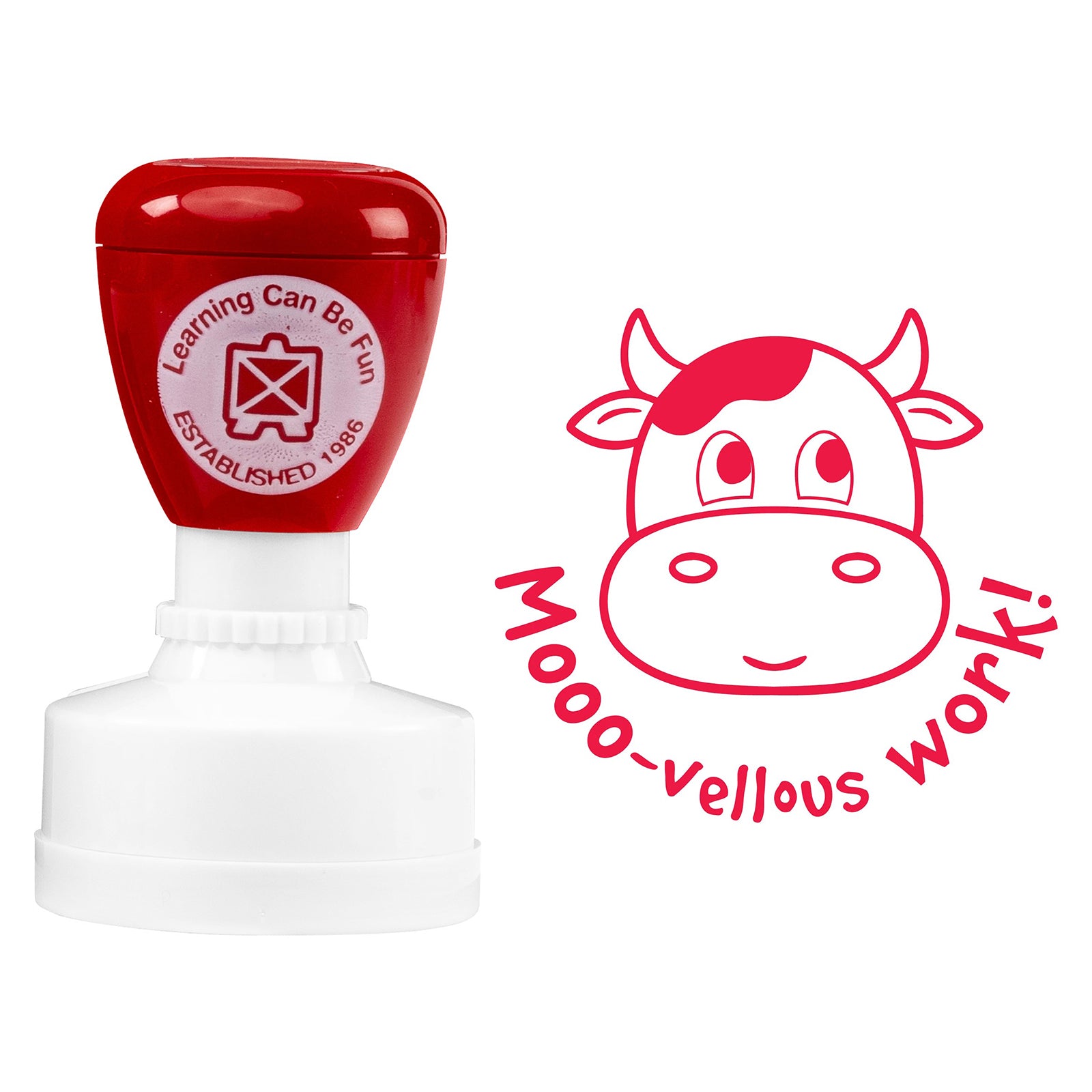Product image showing the self inking stamp alongside the cow themed artwork and reward message. The bold design helps teachers celebrate achievement with positive and memorable recognition.