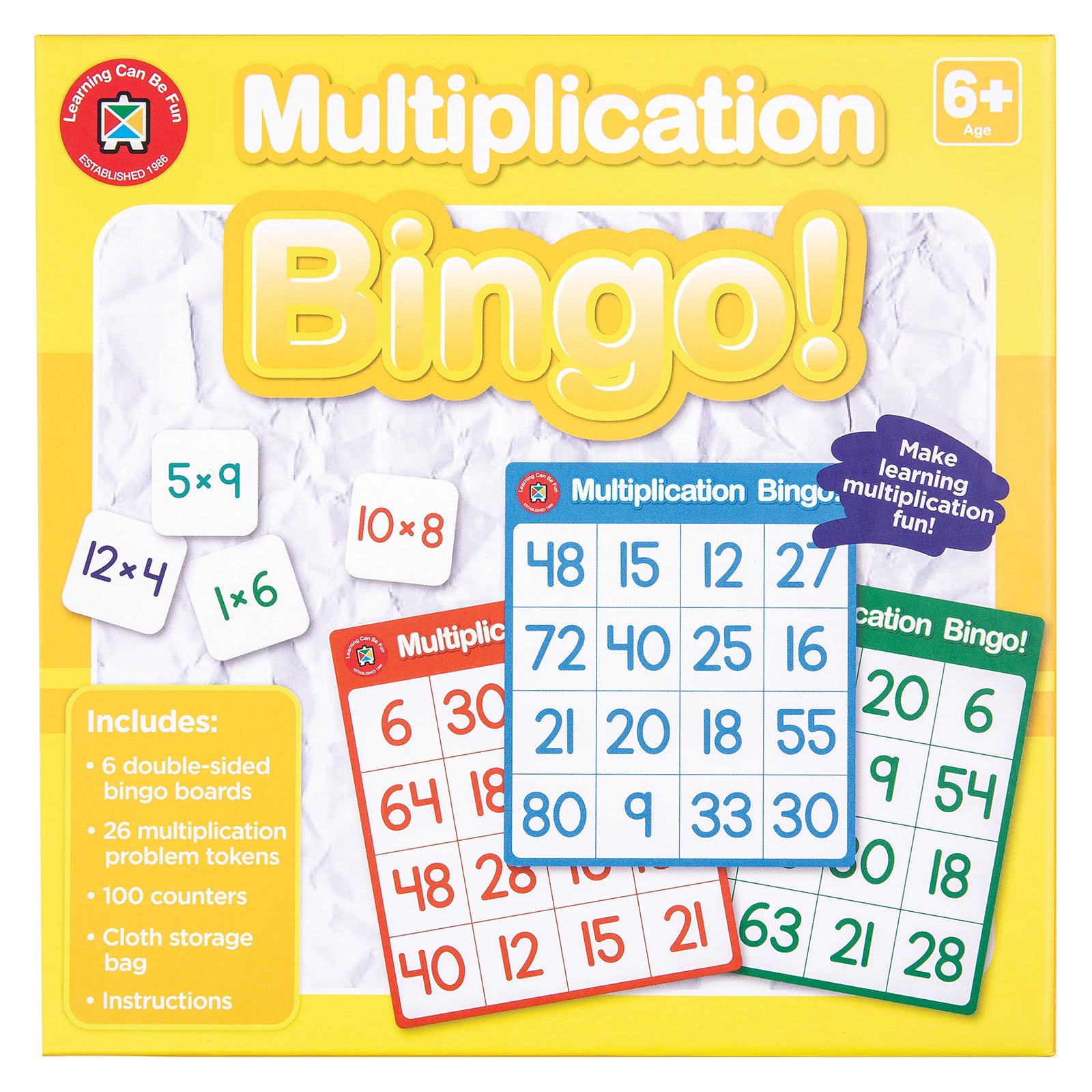 Front packaging artwork for Learning Can Be Fun Multiplication Bingo displaying multiplication question tokens, colourful bingo boards and educational game components. The packaging highlights multiplication learning through fun and interactive gameplay for children aged six years and above.