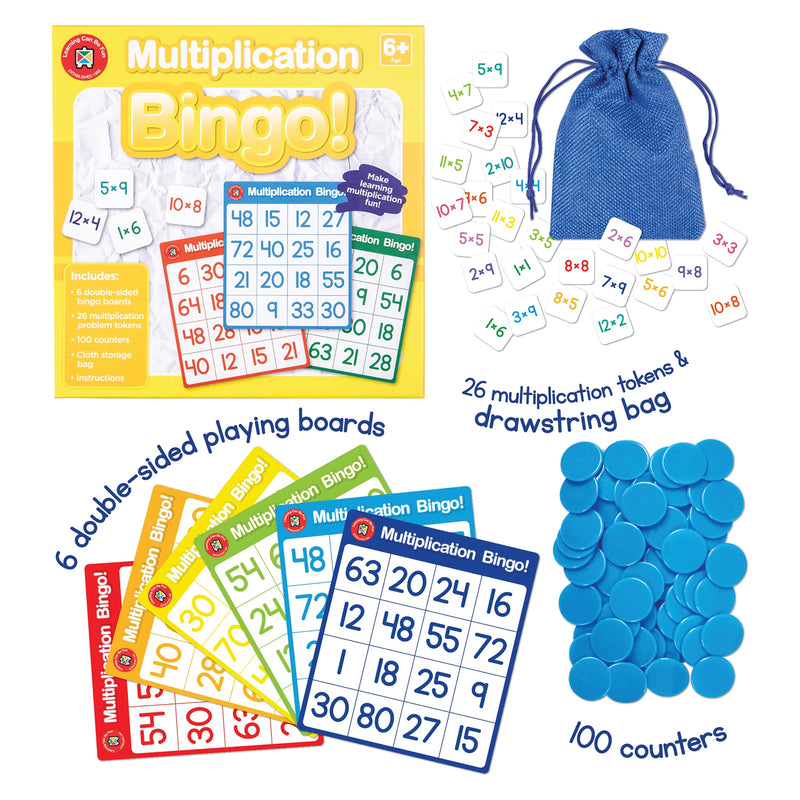 Product contents overview showing the Multiplication Bingo box, six double sided bingo boards, twenty six multiplication problem tokens, one hundred counters and a blue drawstring bag. The layout clearly presents the complete educational resource package.