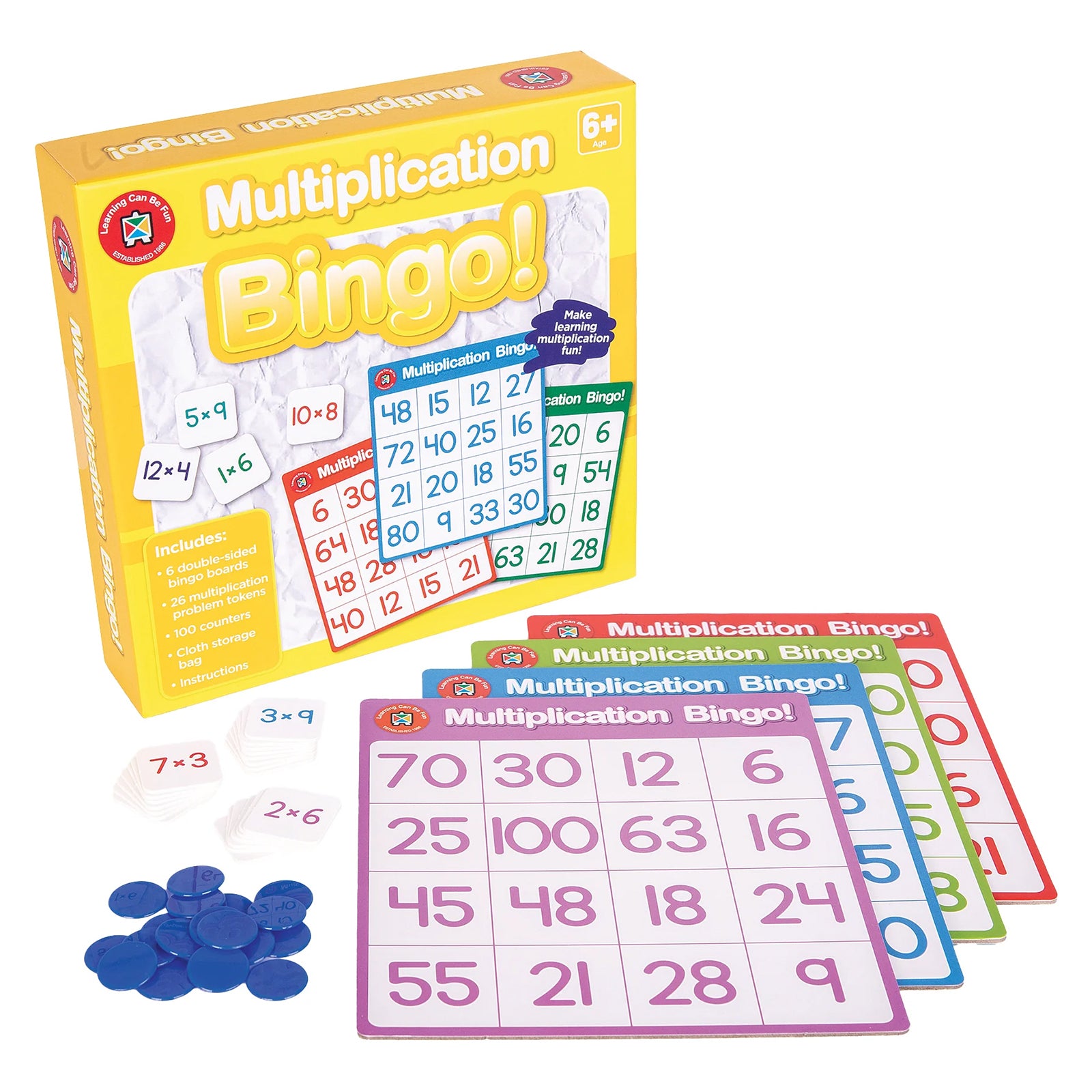 Retail packaging alongside colourful bingo boards and multiplication tokens arranged for display. The image showcases the game's engaging design and demonstrates how children can learn multiplication facts while playing.