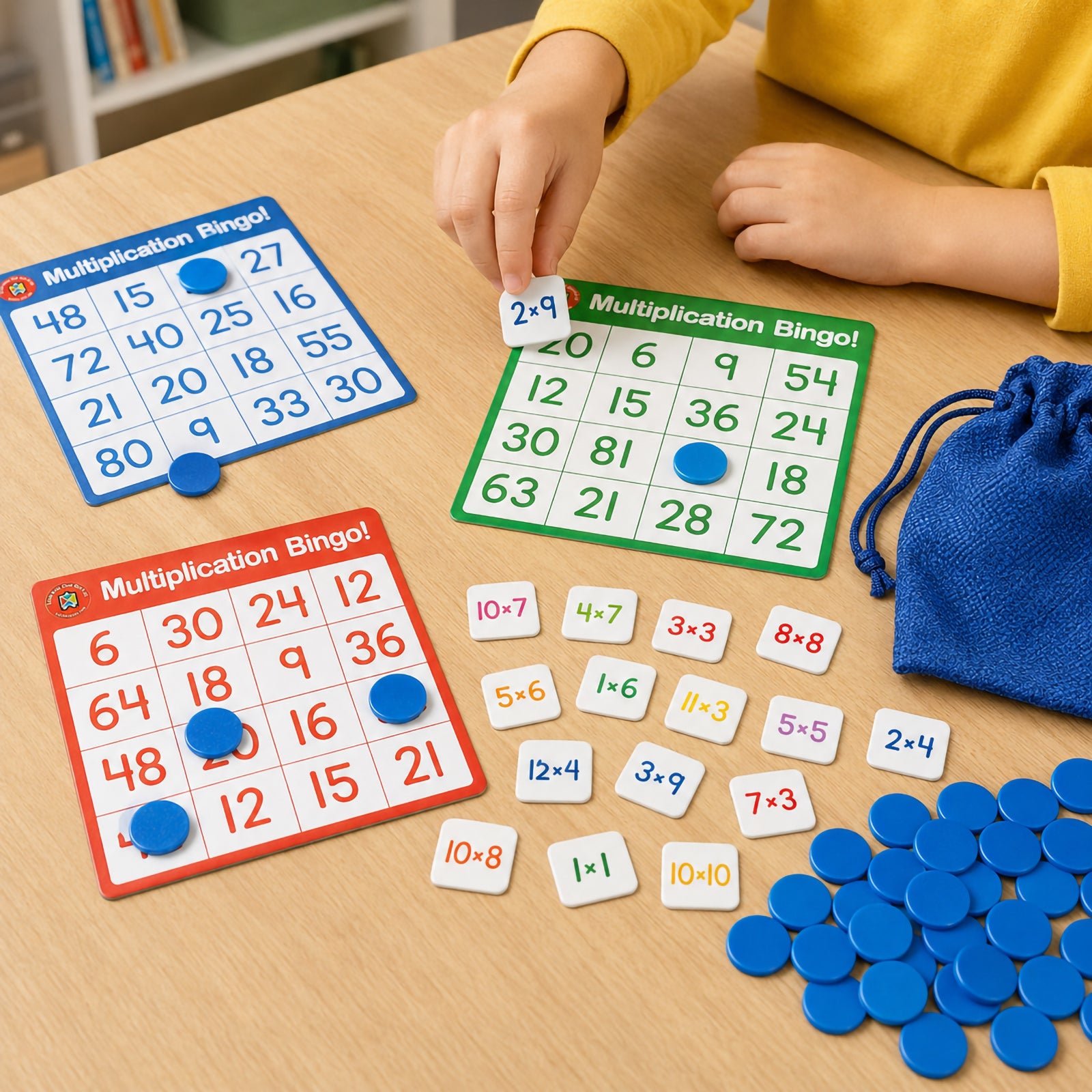 Close up of children playing Learning Can Be Fun Multiplication Bingo using colourful bingo boards, multiplication problem tokens and blue counters. The image demonstrates hands on maths learning as children solve multiplication questions and match answers during an engaging educational game.