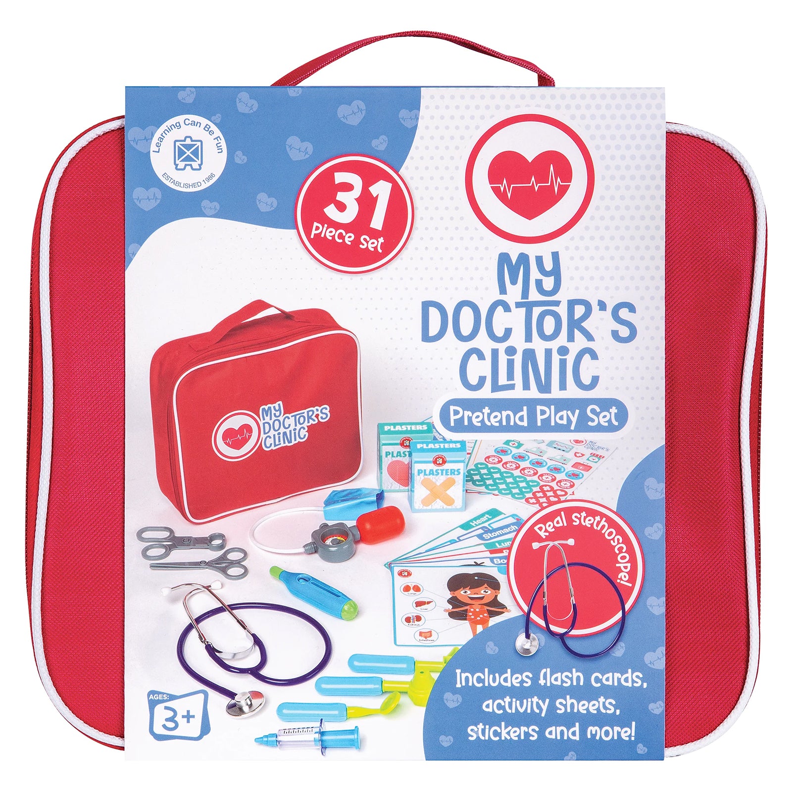 Front packaging presentation of the My Doctor's Clinic Pretend Play Set featuring the 31 piece collection, real working stethoscope and educational resources designed for children aged 3 years and over.