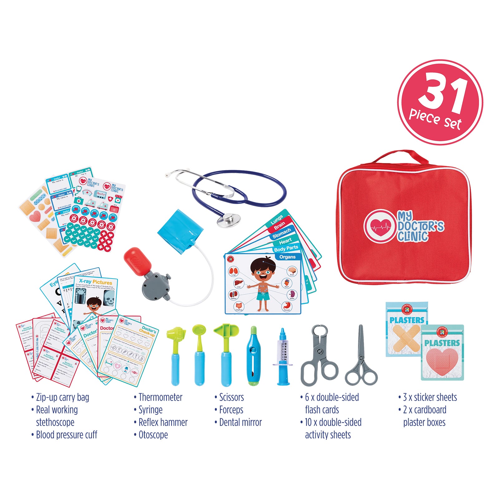 Complete contents overview of the 31 piece My Doctor's Clinic Pretend Play Set displaying medical tools, flash cards, activity sheets, stickers, plaster boxes and zip up carry bag.