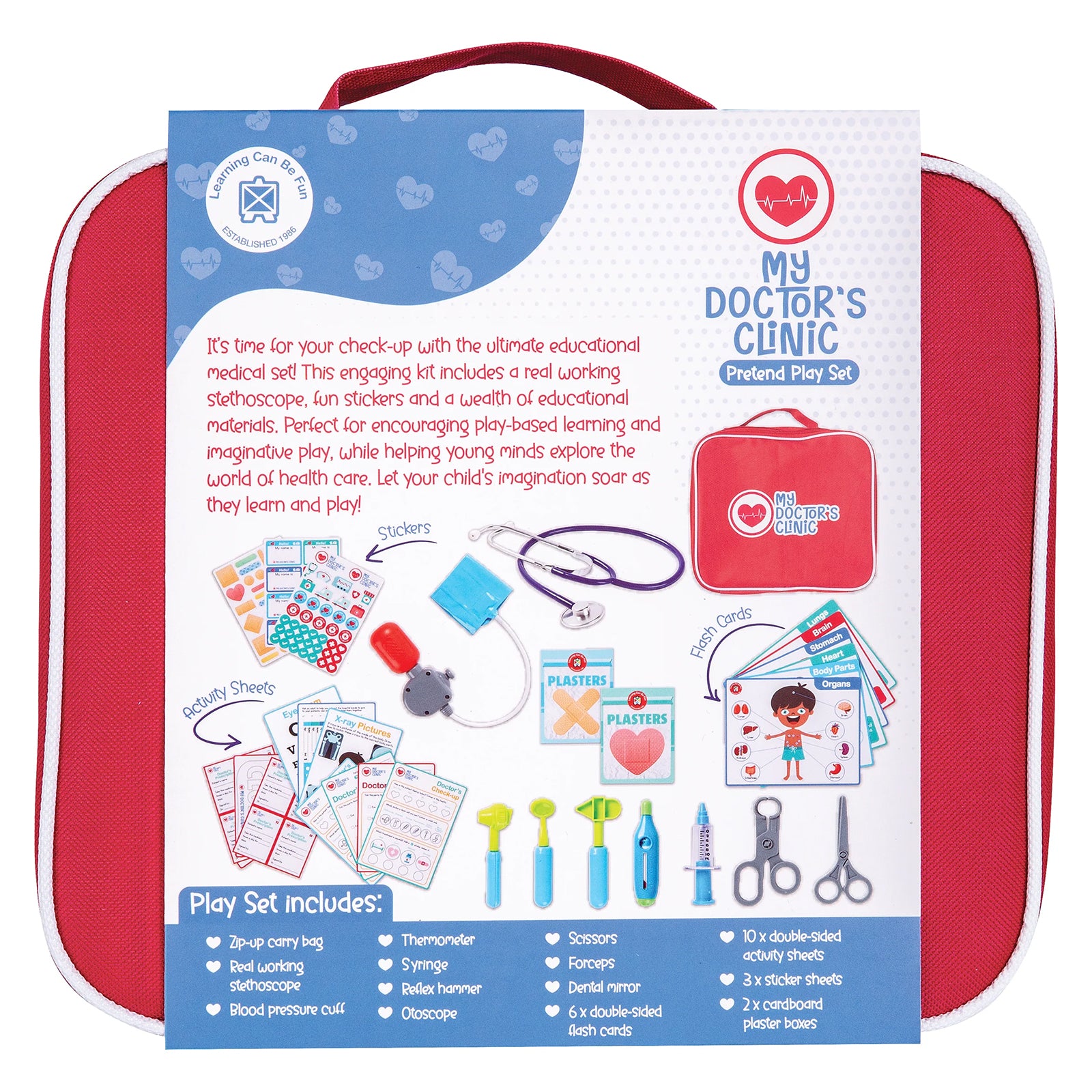 Rear packaging view highlighting the educational benefits and included components. The image showcases learning resources, medical accessories and activity materials that support healthcare themed role play.