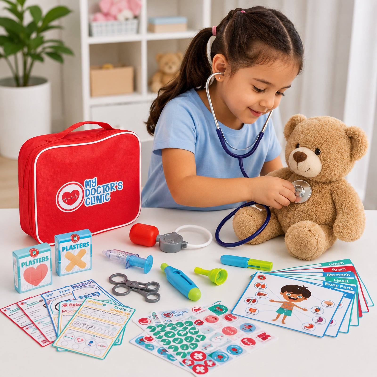 Young learner enjoying independent pretend play by giving a teddy bear a health check. The scene showcases the doctor tools, educational resources, anatomy cards and bright red storage bag that are included in the 31 piece medical play set.