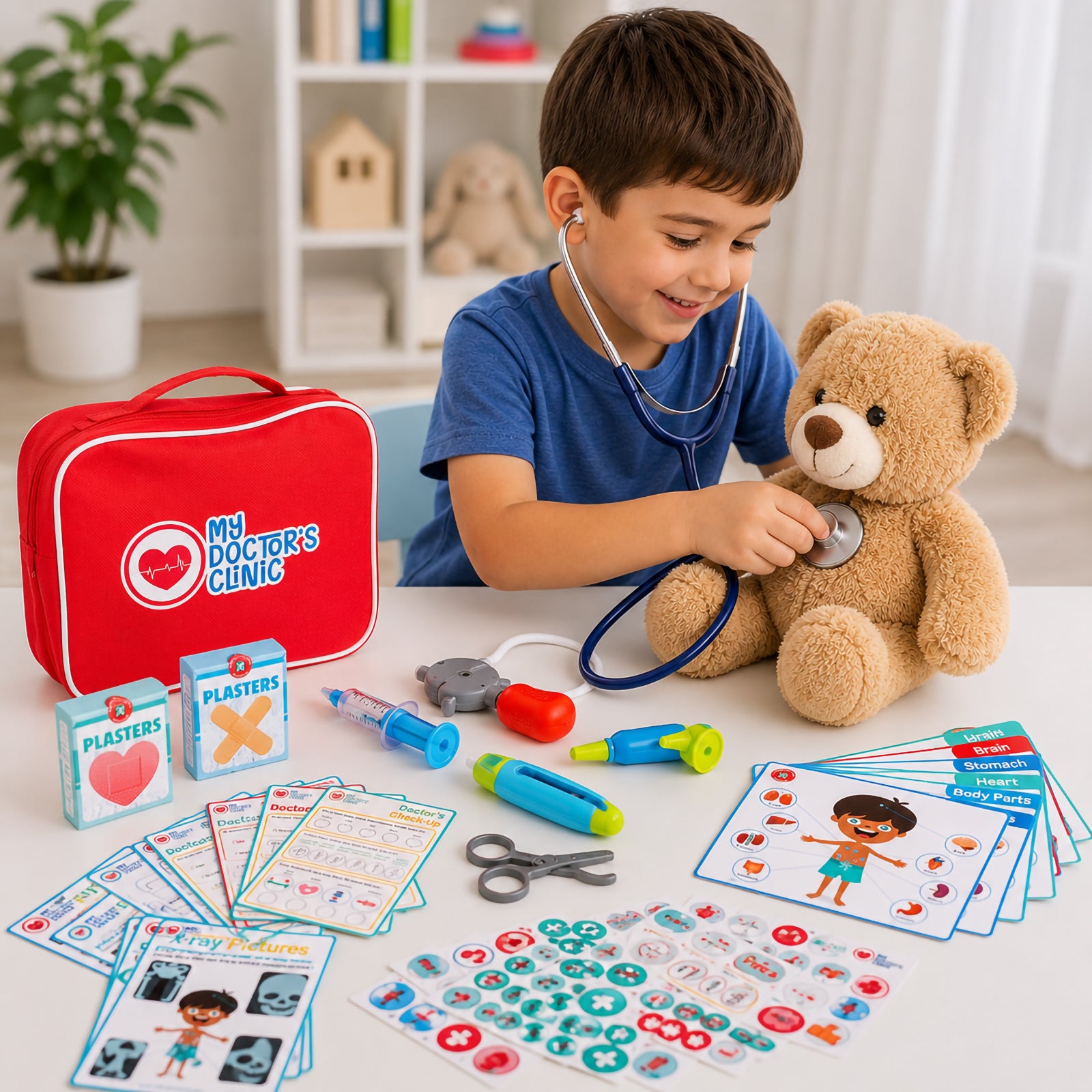 A child explores healthcare role play by examining a teddy bear with the included stethoscope. The educational medical kit is arranged on a table showing the carry case, blood pressure cuff, syringe, activity sheets, flash cards and stickers designed to encourage imaginative learning.