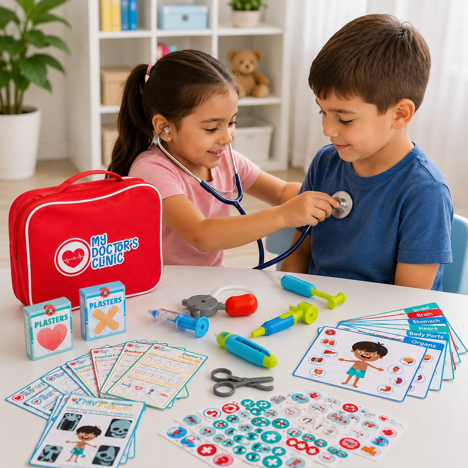 Children engage in imaginative doctor role play using the My Doctor's Clinic Pretend Play Set. A young child uses the real working stethoscope to perform a check up on another child while medical tools, flash cards, activity sheets, stickers and the red carry case are displayed on a table in a bright learning environment.