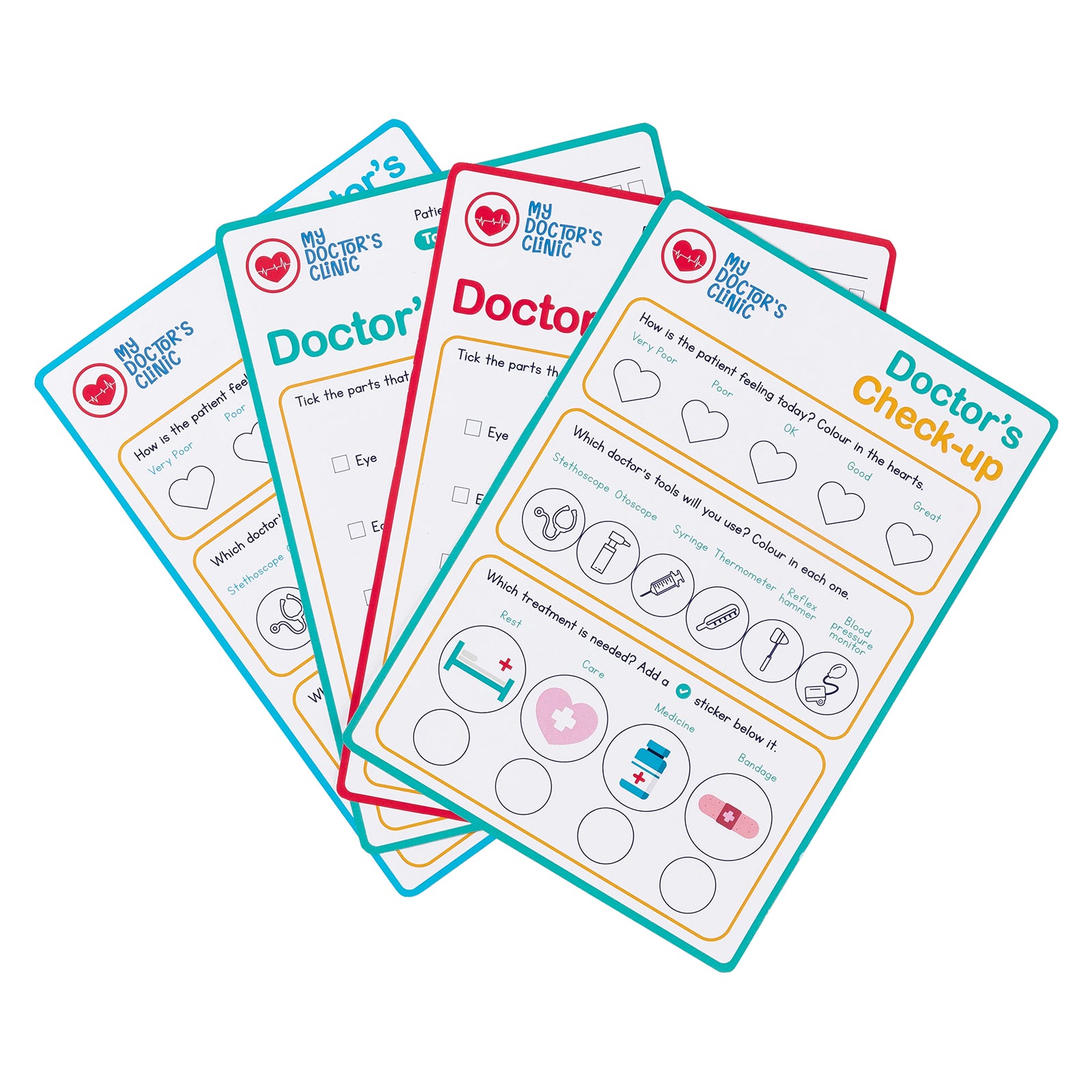 Doctor's check up activity worksheets designed for children to complete during pretend medical examinations. The sheets feature health assessments, medical tools and treatment activities that support learning through play.