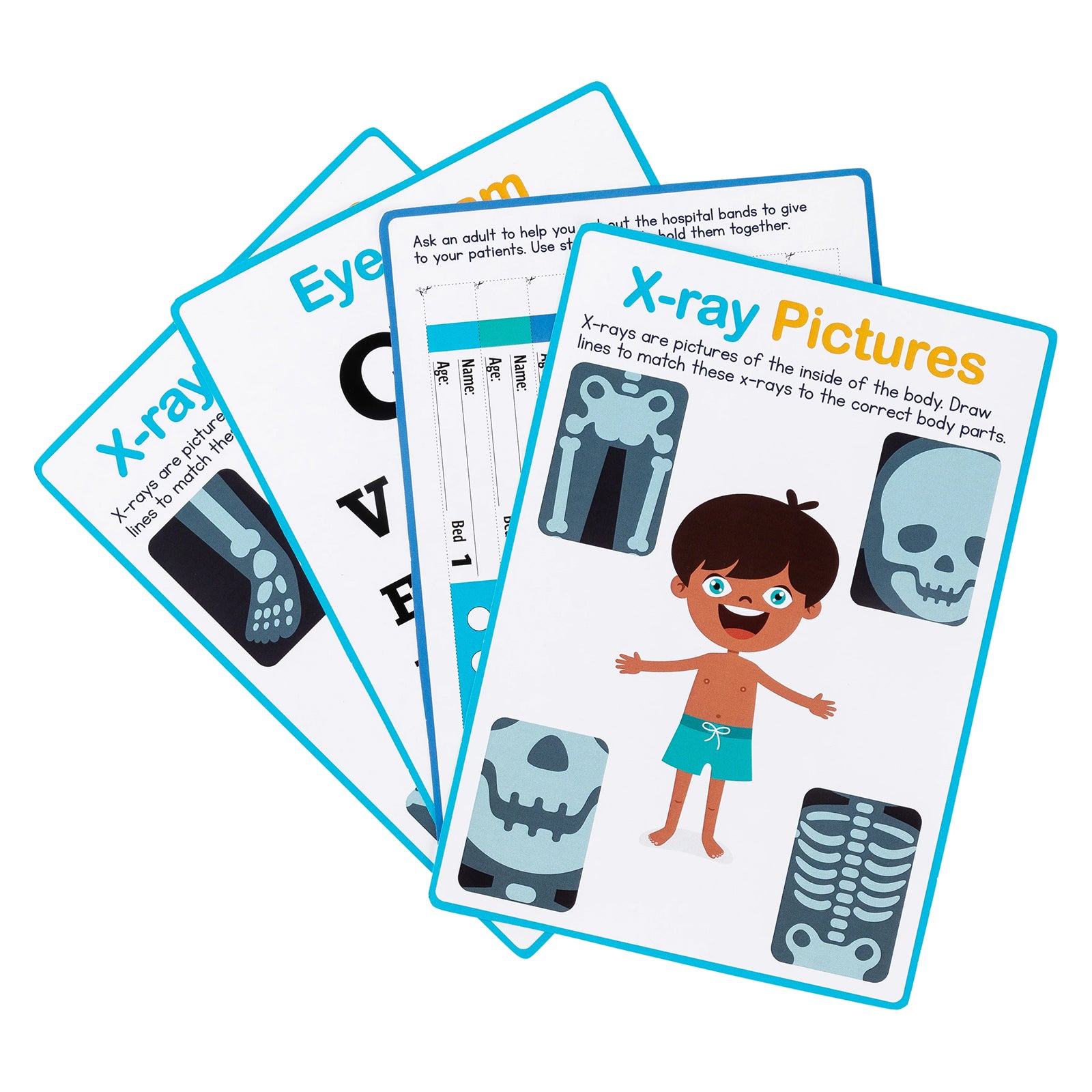 Educational activity sheets included with the set displaying vision tests, patient forms and anatomy themed learning exercises. These double sided sheets support interactive learning about health, body systems and medical care.
