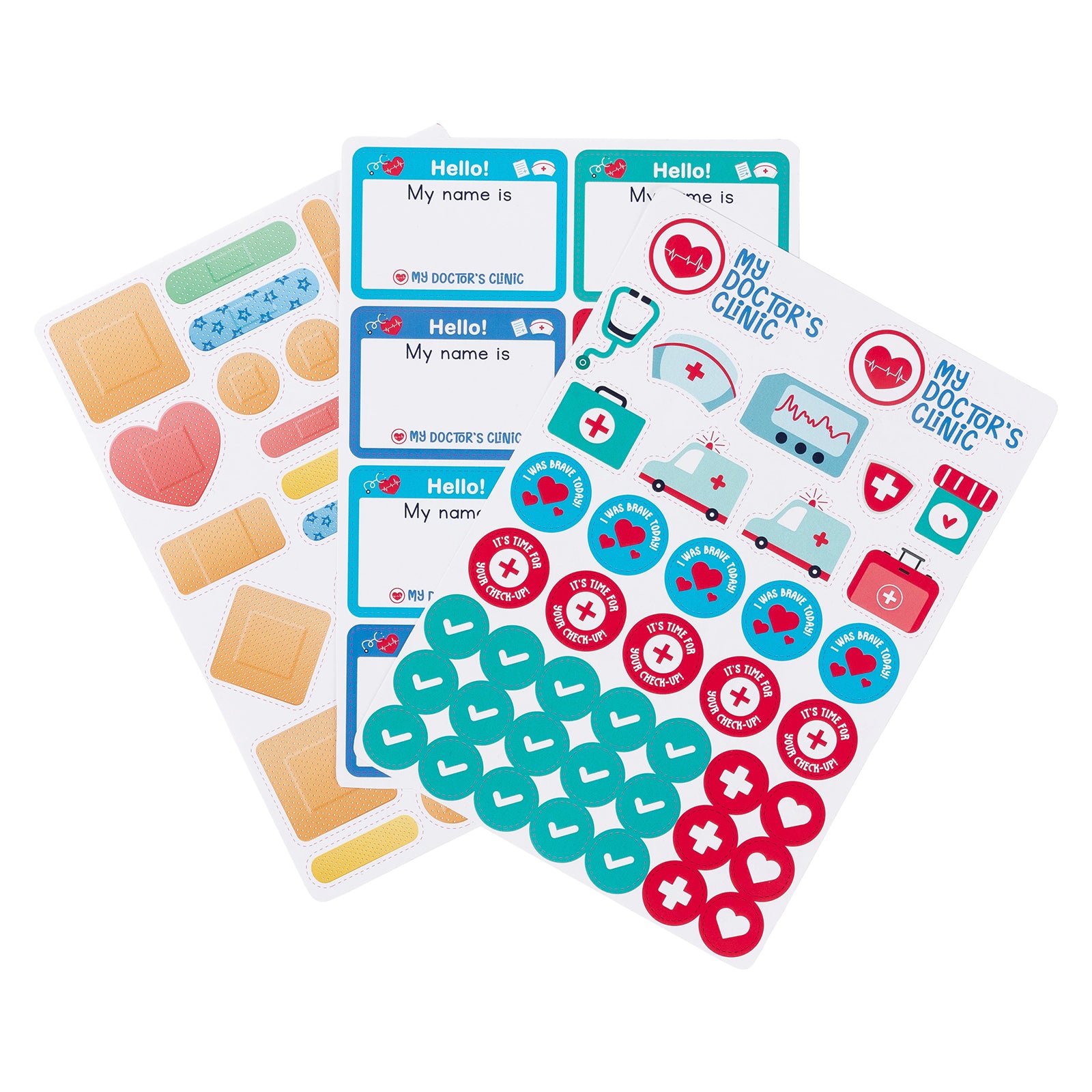 Close up view of the included sticker sheets featuring medical themed stickers, hospital style name badges, bandage designs, reward seals and healthcare illustrations used to enhance role play activities and educational engagement.