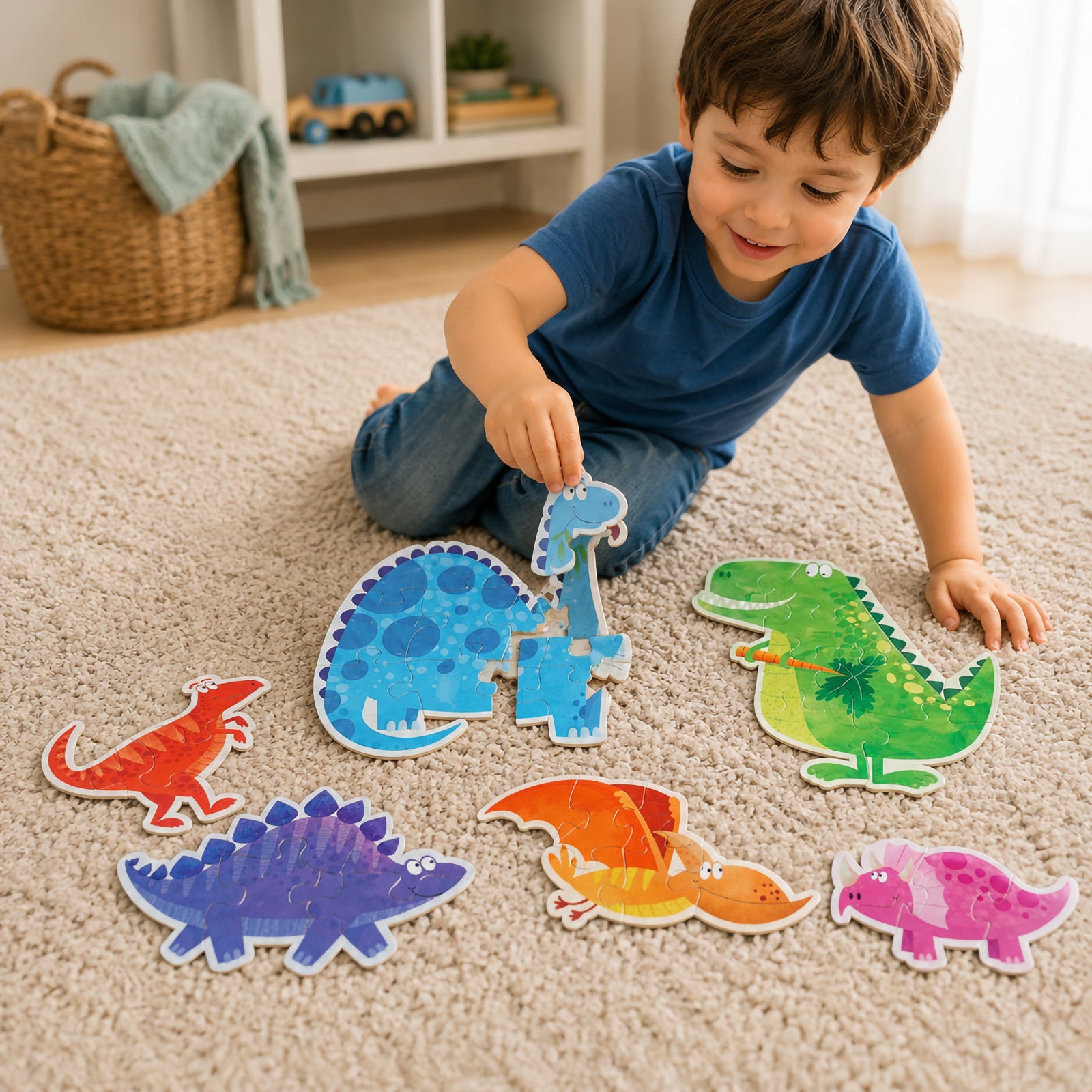 Young learner placing a puzzle piece into a blue dinosaur shaped puzzle while colourful dinosaur characters are arranged around them, demonstrating hands on educational play and puzzle solving skills.