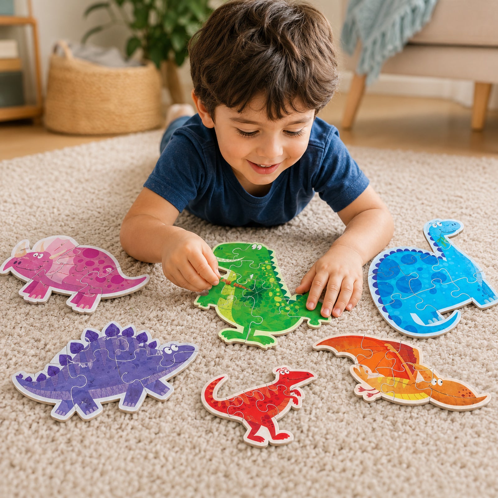 Child smiling while completing a green dinosaur puzzle surrounded by six colourful dinosaur shaped puzzles including blue, purple, pink, orange and red prehistoric characters designed for early learners.