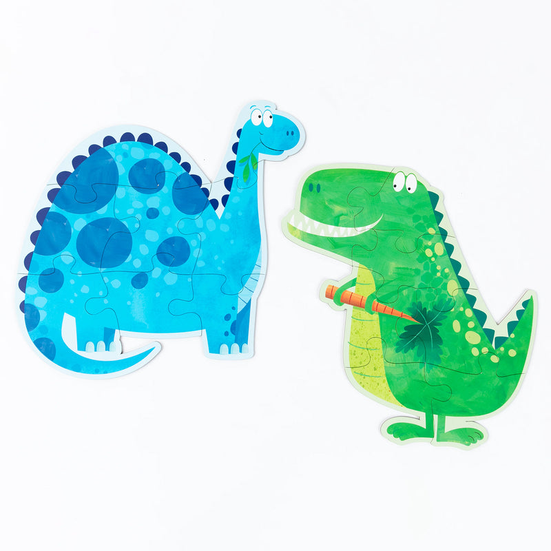 Two completed larger dinosaur puzzles displayed together, featuring a bright blue long neck dinosaur and a green dinosaur character, showcasing the shaped puzzle design and large easy grip pieces.