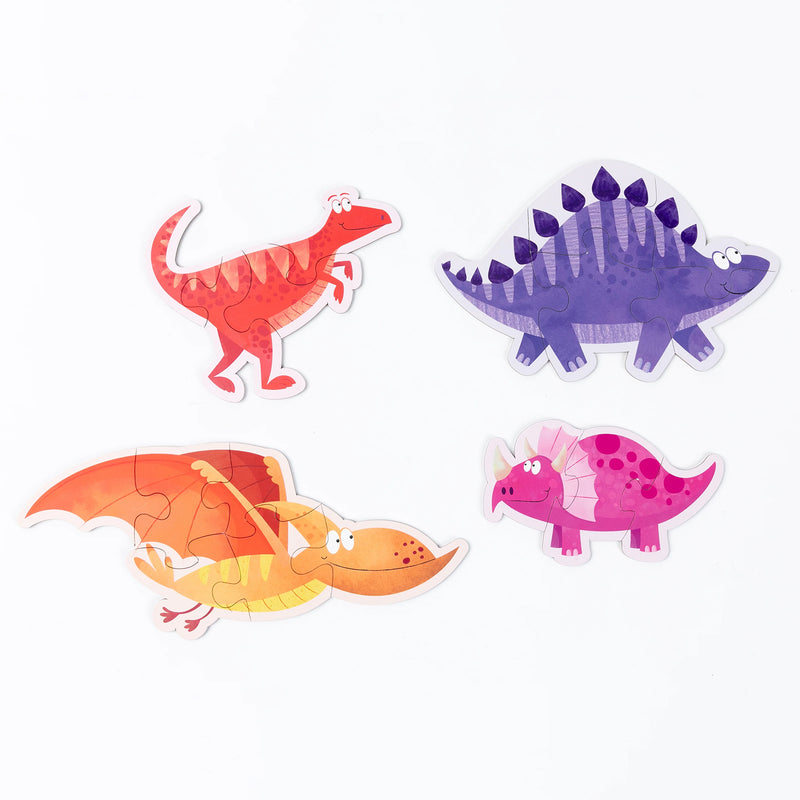 Four completed dinosaur shaped puzzles displayed on a plain background featuring a red dinosaur, purple stegosaurus, orange flying reptile and pink triceratops style character with progressive piece counts.