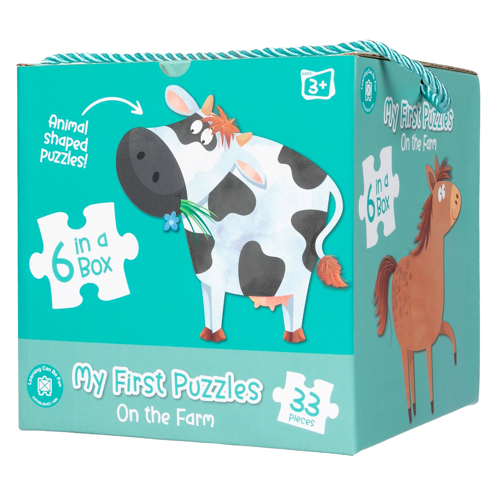 Retail packaging for Learning Can Be Fun My First Puzzles On The Farm featuring colourful farm animal illustrations, carry handle, age recommendation and details showing six puzzles with 33 total pieces.