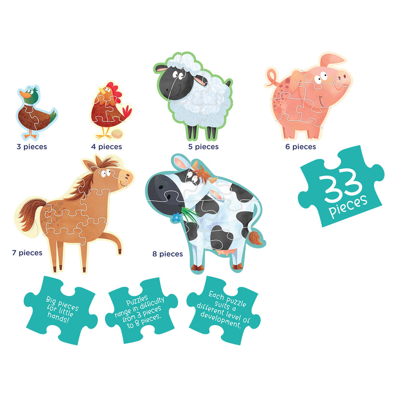 Educational overview showing all six farm animal puzzles with difficulty levels ranging from 3 to 8 pieces, demonstrating the progressive learning approach and developmental stages within the puzzle set.