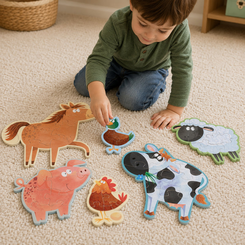 Young learner arranging a duck puzzle while completed farm animal shaped puzzles including a horse, pig, sheep, cow and chicken are displayed nearby, showcasing hands on learning and puzzle solving development.
