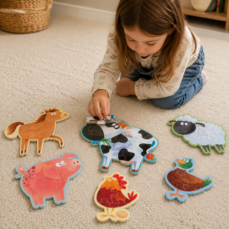 Child focused on placing puzzle pieces into a farm animal puzzle collection featuring six brightly illustrated farm animals. The scene highlights educational play, large puzzle pieces and age appropriate learning activities for preschool children.