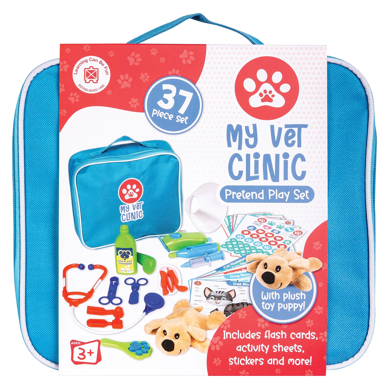 Front packaging presentation of the My Vet Clinic Pretend Play Set. Features the carry case, plush puppy, veterinary accessories, educational resources and prominent product branding designed to appeal to young animal lovers and aspiring veterinarians.