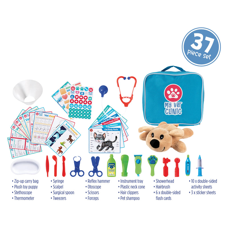 Complete 37 piece veterinary play set displayed with all included accessories. Features educational flash cards, activity sheets, stickers, plush puppy, veterinary tools, grooming accessories, carry bag and learning resources arranged for a comprehensive product overview.