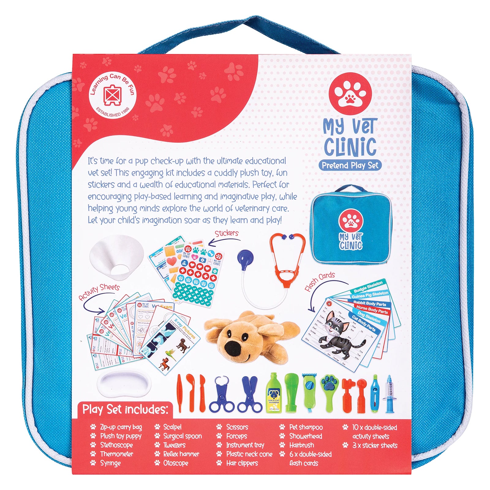 Rear packaging view showing educational contents and included accessories. Displays activity sheets, flash cards, stickers, plush puppy, veterinary tools and detailed contents list, highlighting the learning and role play opportunities available within the set.