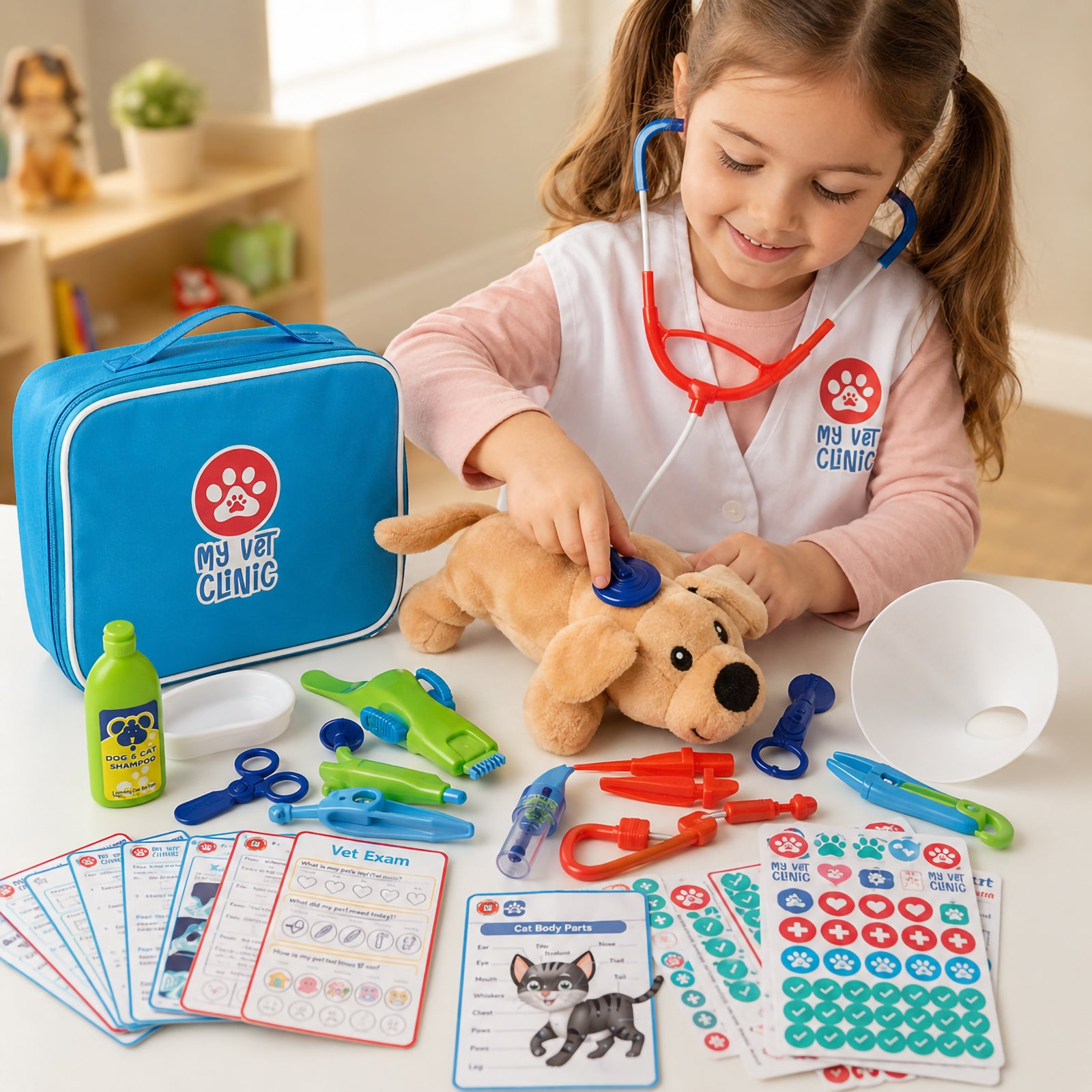 Young child dressed as a veterinarian using the toy stethoscope to examine the plush puppy. The educational veterinary set is displayed across the table with activity sheets, flash cards, stickers and play instruments. This image demonstrates hands on learning, imaginative role play and the development of empathy through caring for animals.