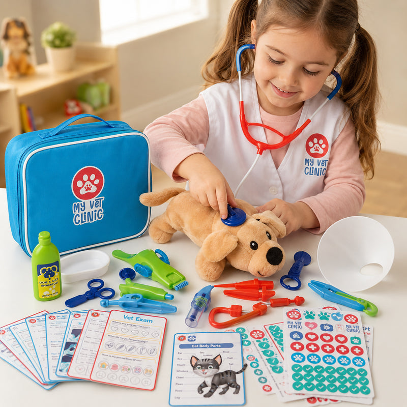 Young child dressed as a veterinarian using the toy stethoscope to examine the plush puppy. The educational veterinary set is displayed across the table with activity sheets, flash cards, stickers and play instruments. This image demonstrates hands on learning, imaginative role play and the development of empathy through caring for animals.