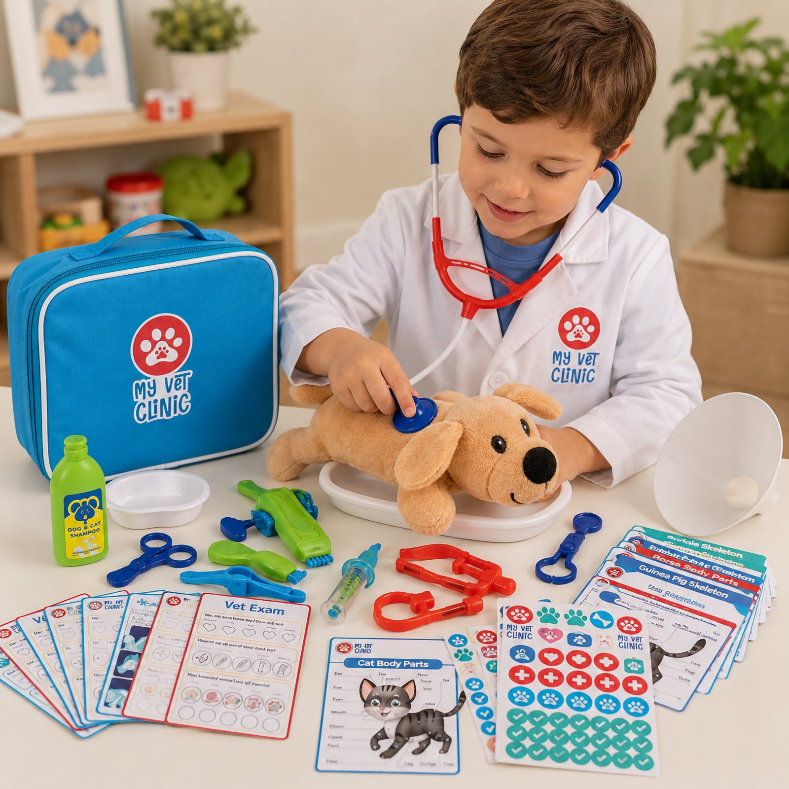 Child enjoying veterinary role play while performing a check up on the plush puppy using the included stethoscope. The My Vet Clinic carry bag, grooming tools, educational worksheets and stickers are spread across the table. The image captures interactive learning, creativity and confidence building through pretend veterinary care.