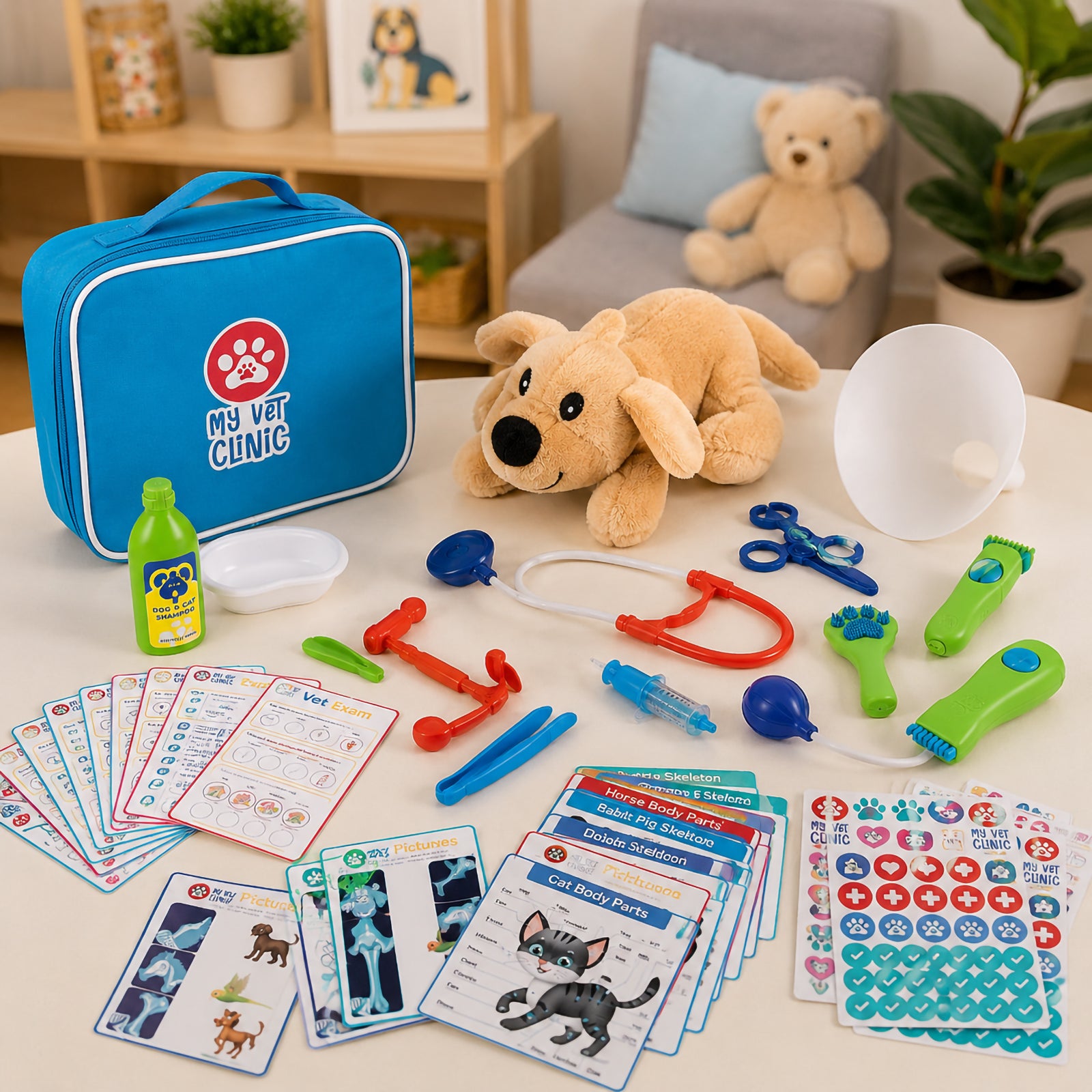 Lifestyle image showing the complete My Vet Clinic Pretend Play Set arranged on a tabletop in a child friendly playroom. The scene includes the blue carry case, plush puppy patient, toy stethoscope, grooming accessories, educational flash cards, activity sheets, stickers and veterinary tools. The bright and inviting setup highlights how children can engage in imaginative animal care and veterinary role play.