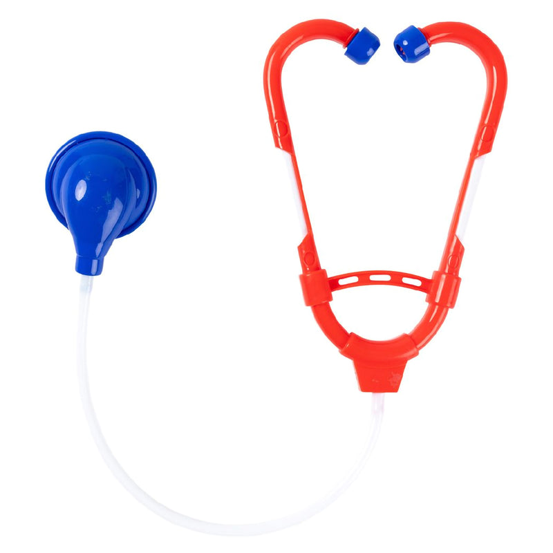 Bright red and blue toy stethoscope designed for children. Lightweight veterinary role play accessory featuring flexible tubing and oversized listening pieces, helping children engage in realistic animal care and imaginative veterinary clinic activities.
