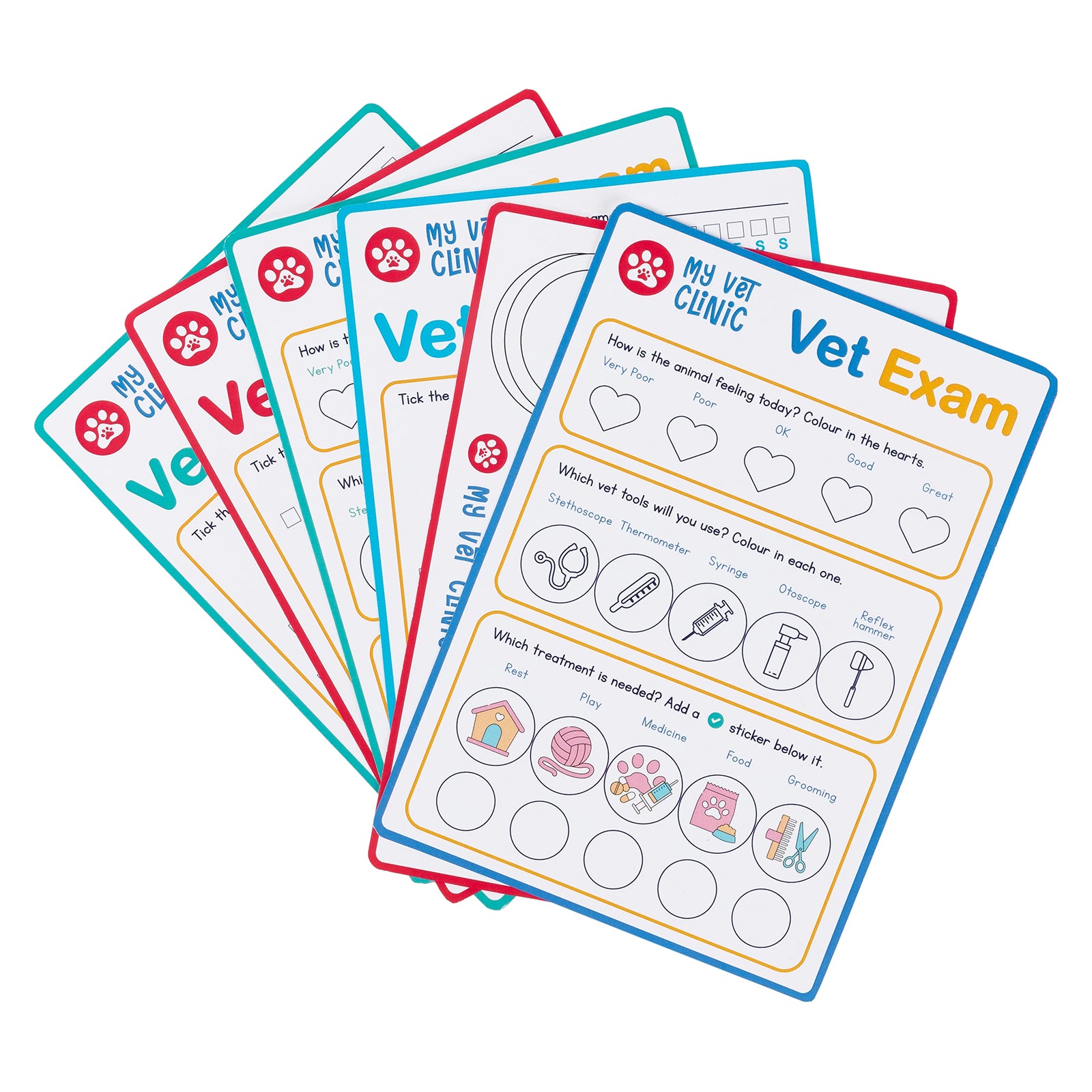 Collection of double sided Vet Exam activity sheets designed for young learners. Activities include animal wellbeing assessments, veterinary tool recognition, treatment selection exercises and colouring tasks. These educational worksheets support problem solving, critical thinking and interactive learning during pretend veterinary play sessions.