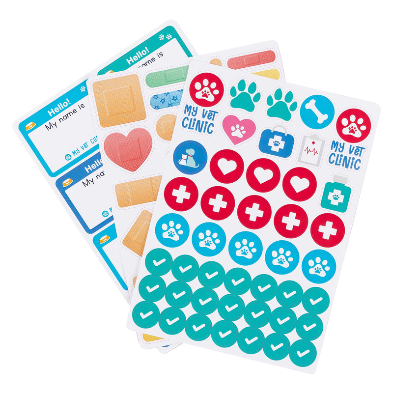 Close up of the included veterinary themed sticker sheets featuring paw prints, medical symbols, hearts, pet care icons, reward markers and personalised name labels. These colourful stickers support activity completion, creative play and educational engagement within the veterinary learning experience.