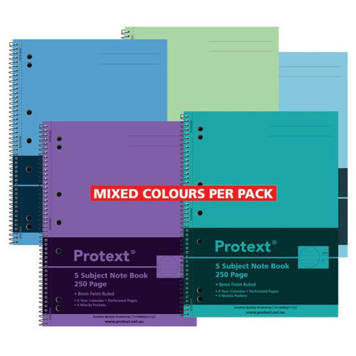 Protext 5 Subject Notebook 295 x 223mm PP 250 Page Ruled Assorted Pack of 5