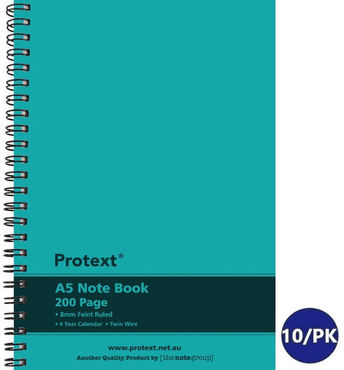 Protext Twin Wire Notebook A5 PP Cover Ruled 200 Page Aqua Pack of 10
