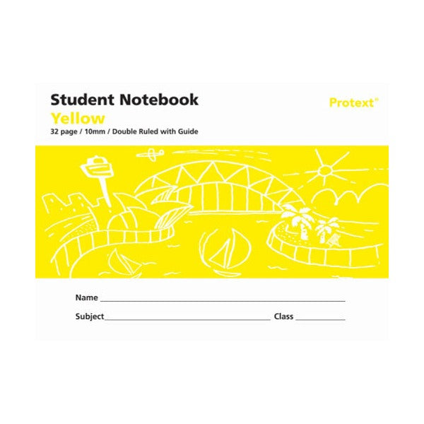 Protext Student Notebook 32 Page 10mm Double Ruled with Guide Yellow Pack of 20