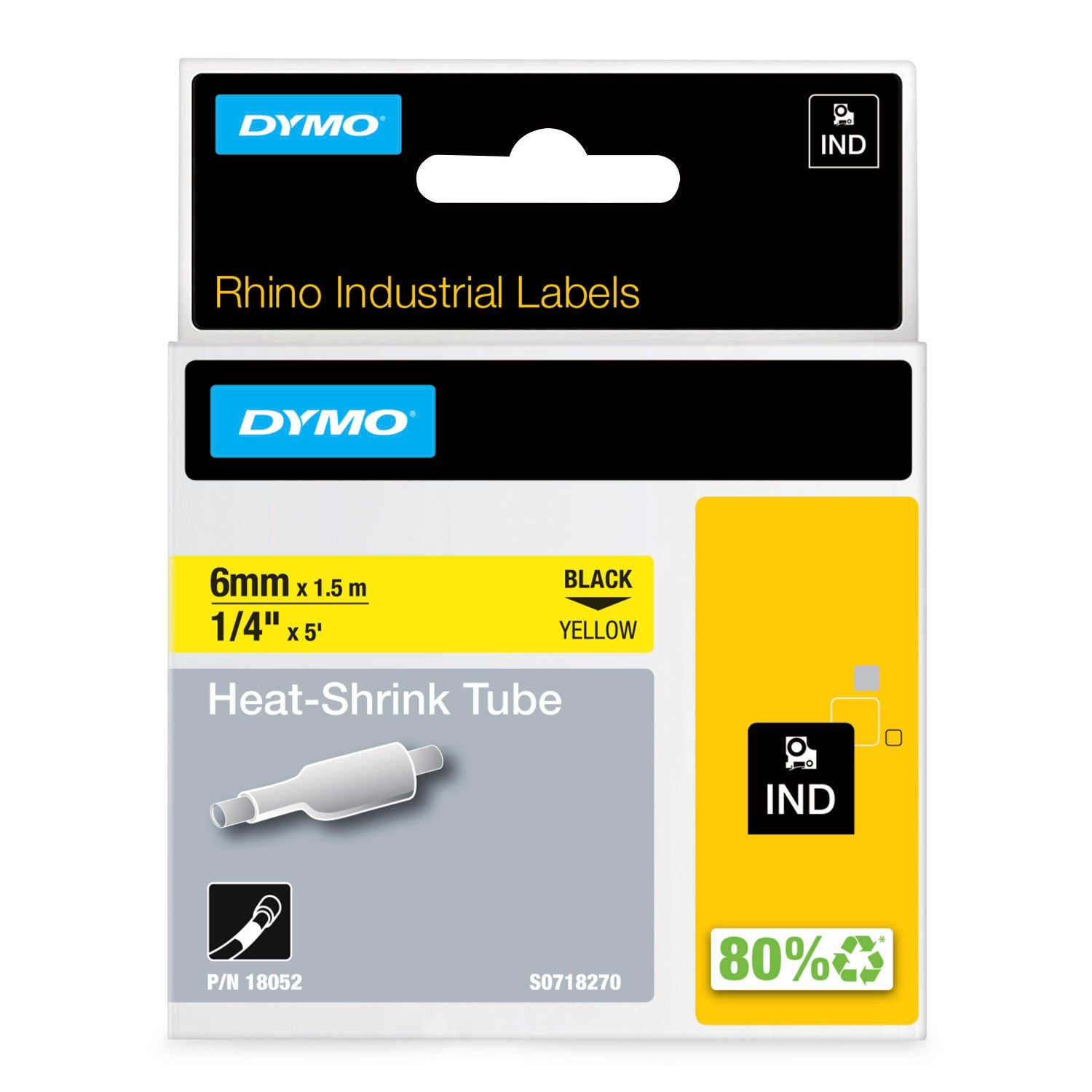 Dymo Rhino heat shrink tube label tape 6mm x 1.5m black on yellow for small-gauge safety-critical wire identification