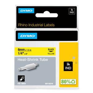 Dymo Rhino heat shrink tube label tape 6mm x 1.5m black on yellow for small-gauge safety-critical wire identification