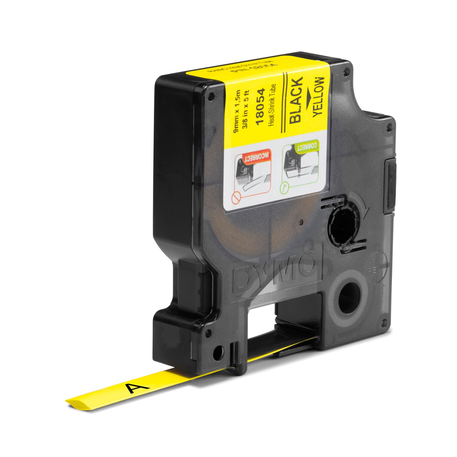 Label tape cartridge with black text on yellow background, featuring Dymo branding.