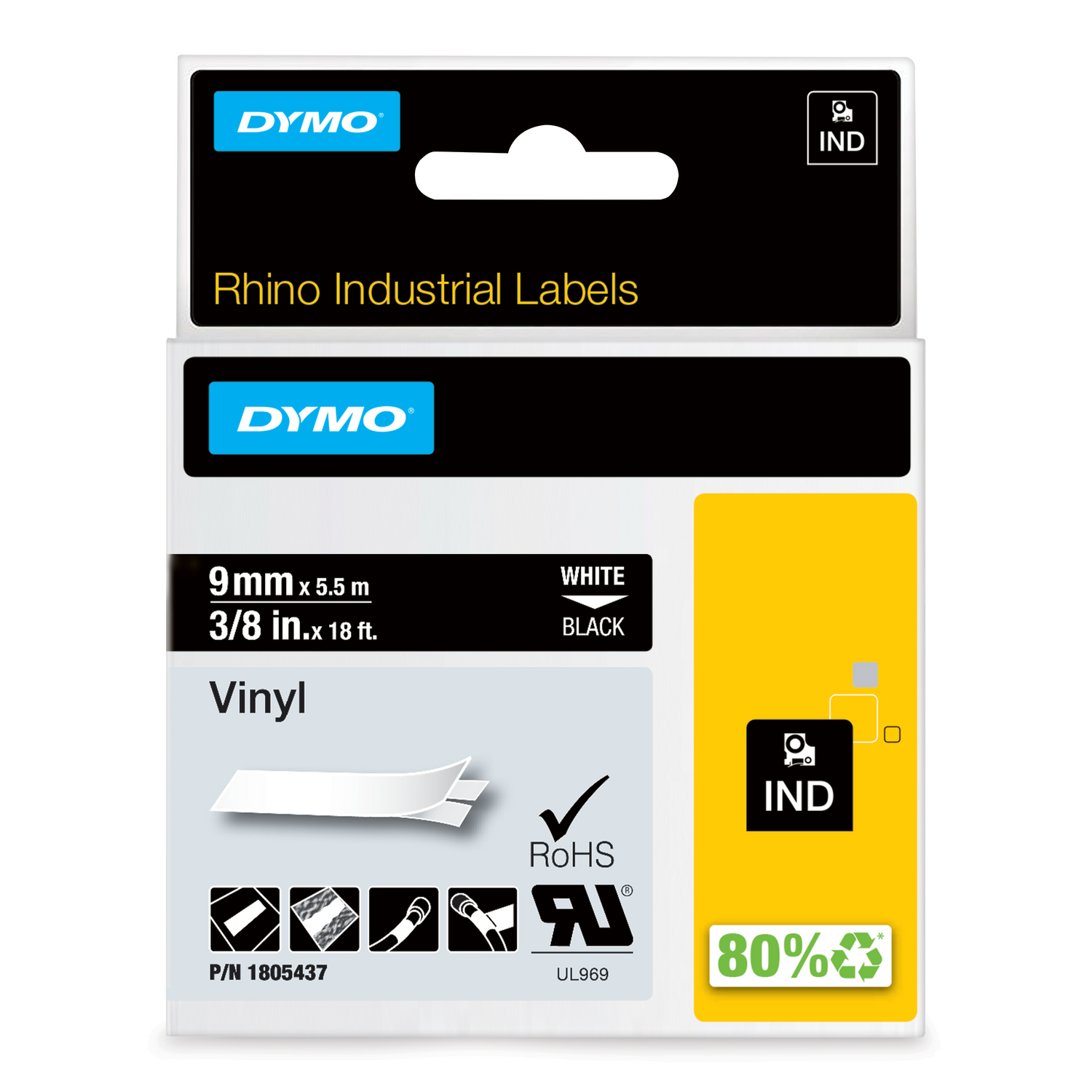 Dymo Rhino vinyl label tape 9mm x 5.5m white on black high contrast for dark cables and black conduit