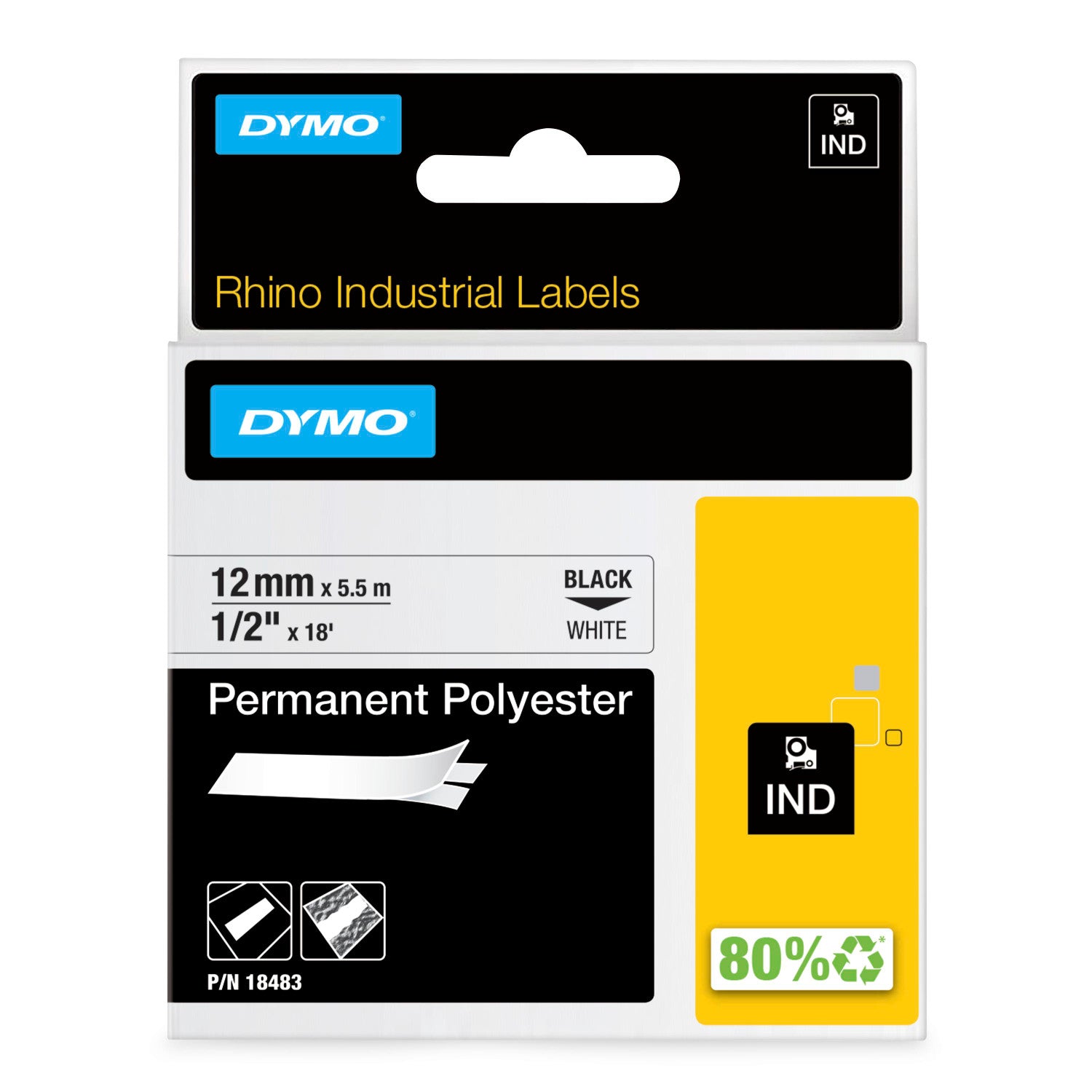Dymo Rhino permanent polyester label tape 12mm x 5.5m black on white chemical resistant for panels and equipment tags