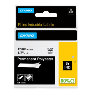 Dymo Rhino permanent polyester label tape 12mm x 5.5m black on white chemical resistant for panels and equipment tags