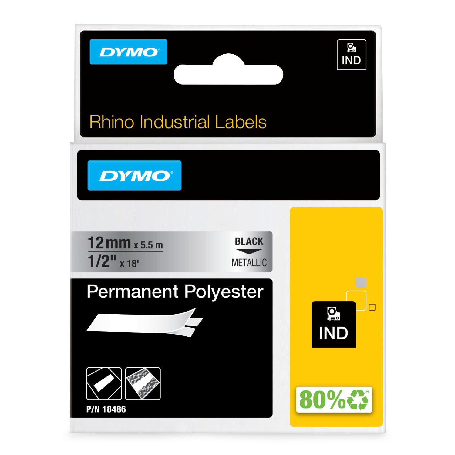 Dymo Rhino permanent polyester label tape 19mm x 5.5m black on metalised for professional industrial plant and utilities