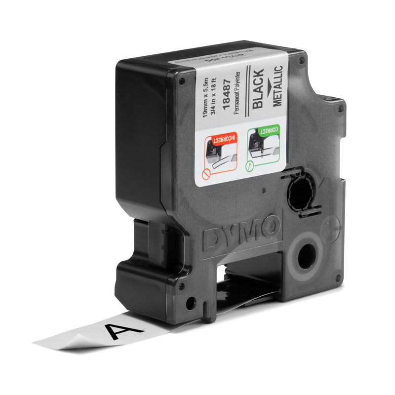 Dymo label printer tape cartridge with black metallic label on a white background