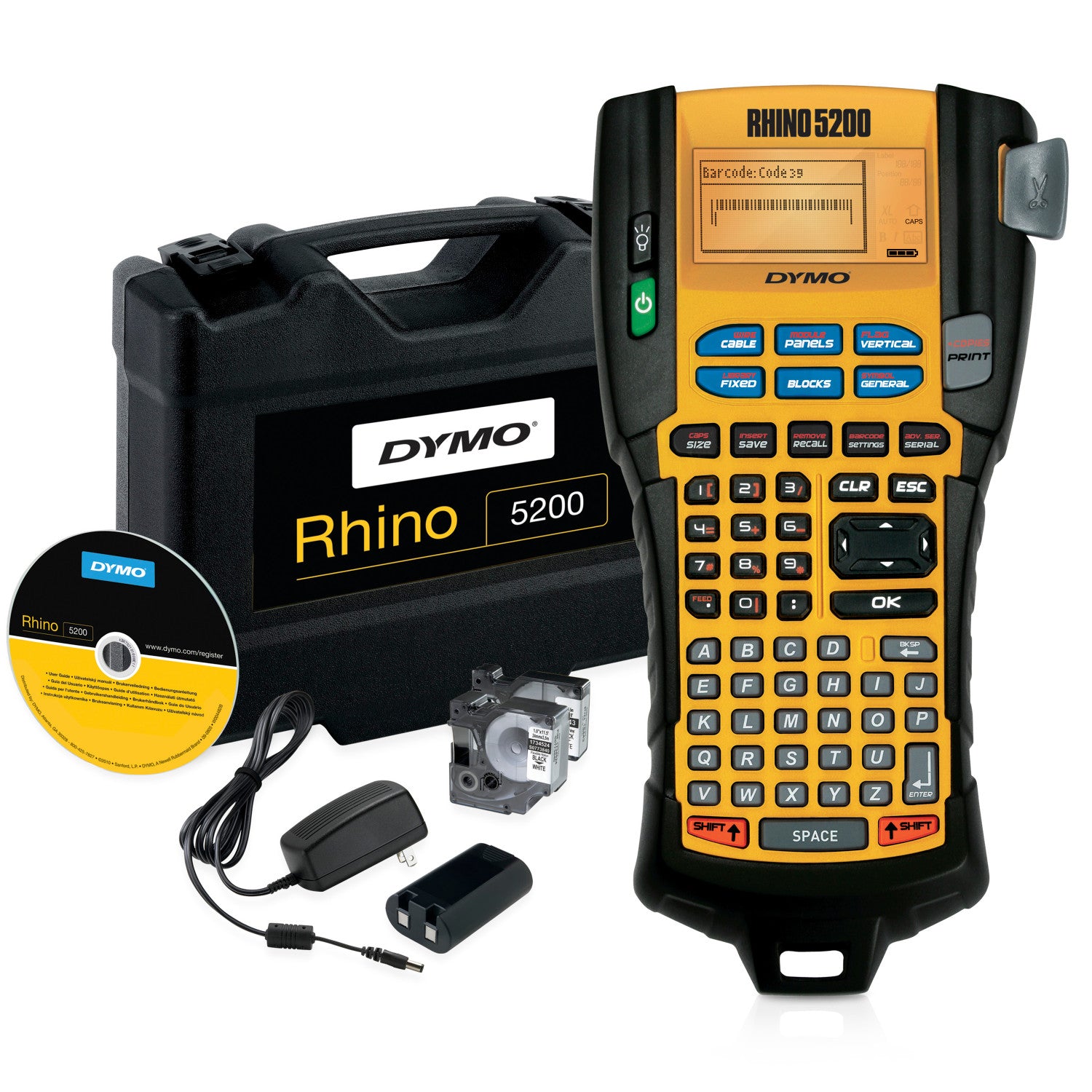 Dymo Rhino 5200 industrial label maker hard case kit with USB connectivity and 24mm tape support