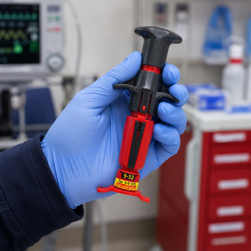 NIO Infant Intraosseous Device held upright in a blue gloved clinician hand inside an emergency care setting. The compact red and black body, activation controls, stabilising wings and lower placement section are clearly visible, while monitoring equipment and medical storage remain softly blurred behind the device for a professional clinical presentation.